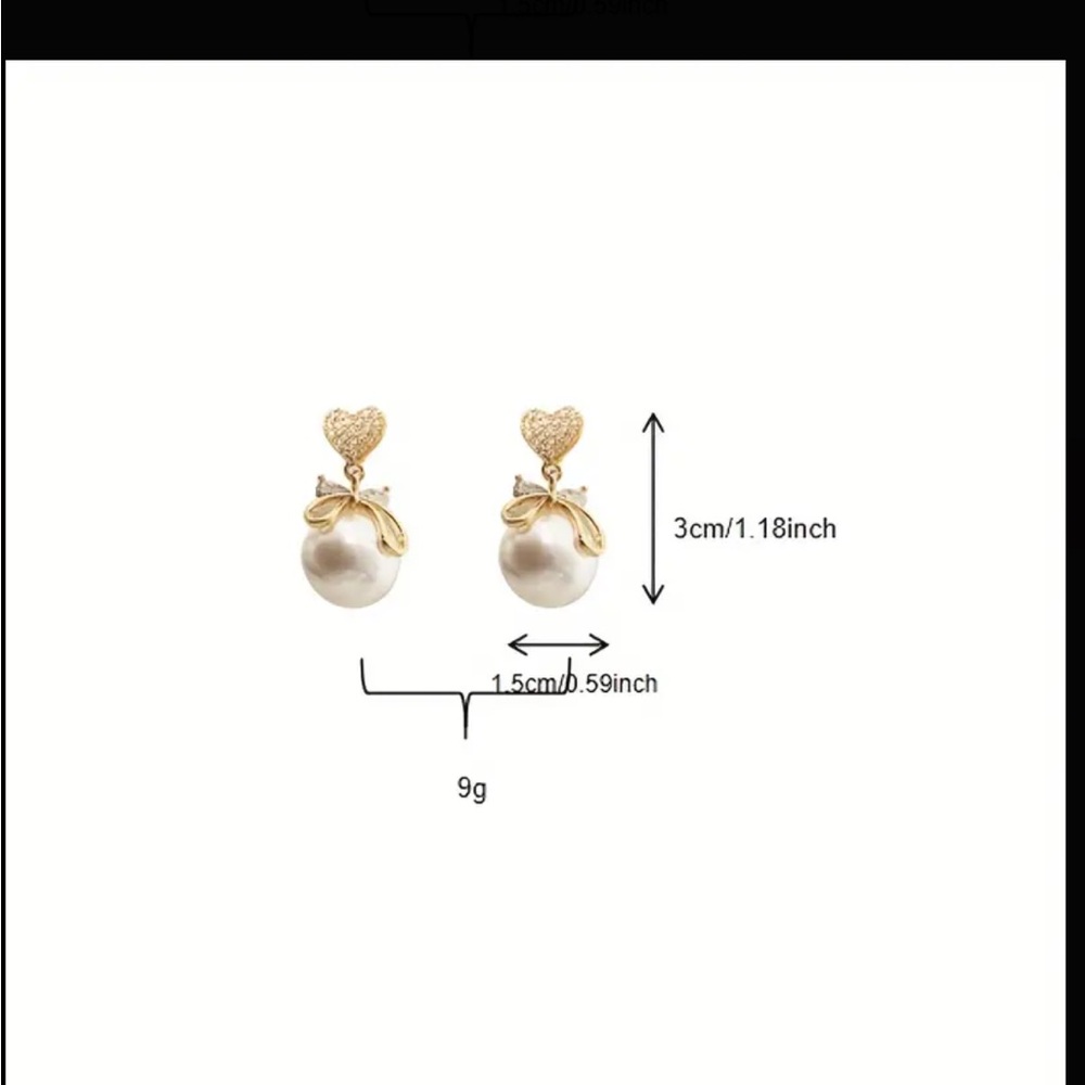 Large Pearl and Golden Bow with Rhinestone Heart Drop Style Earrings - Picture 6 of 7